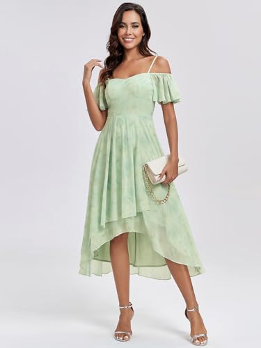 Image of Ever-Pretty Women's Summer Cold Shoulder Hi-Lo Asymmetrical Hem Flowy Chiffon Short Wedding Guest Dress 02103