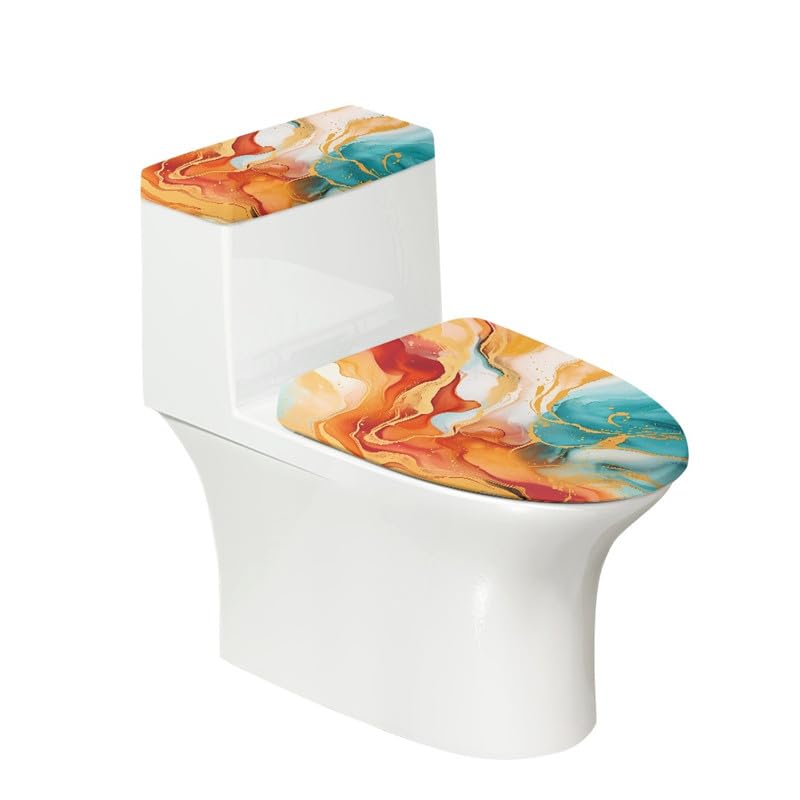 Daulesho Colorful Fluid Painting Toilet Seat Lid Tank Cover Set of 2 Turquoise Yellow Orange Bathroom Soft Toilet Lid Cover Watercolor Marble Fluid Bathroom Decorations