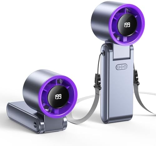 Portable Handheld Turbo Fan, 199 Gear Speed, 24 Hs Cooling Time, 5500mAh Rechargeable Mini Personal Hand Fan, Foldable Design, Travel Essentials, Beach Vacation, Gifts for Women, Men, Grey Purple