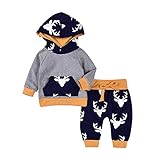 2PCs Baby Deer Print Hoodies With Pocket Top + Long Pants Autumn Outfit Set (18-24M(Tag100), Grey&Yellow)
