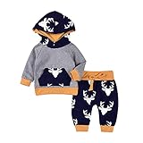 2PCs Baby Deer Print Hoodies with Pocket Top + Striped Long Pants Autumn Outfit Set (18-24M(Tag100), Grey&Yellow)