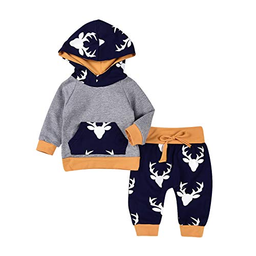 baby hunting clothes - 2PCs Baby Deer Print Hoodies with Pocket Top + Striped Long Pants Autumn Outfit Set (12-18M(Tag90), Grey&Yellow)