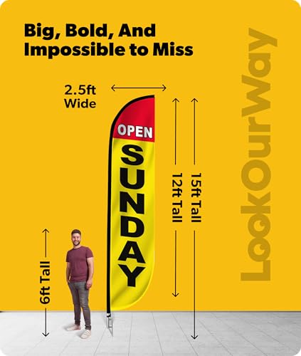 Image of LookOurWay Feather Flag Pole Kit - 12 Feet Tall Advertising Flag Banner with Fiberglass Pole Kit and Ground Spike for Business Promotion - Grand Opening Flags - Open Sunday (10M1200275)