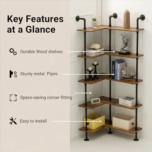 DOFURNILIM Industrial Pipe Corner Bookshelf, Wall Wooden Bookcase with Open Shelves, L Shaped Ladder Pipe Pantry Shelving for Living Room, Bedroom, Home, Office, 5 Tiers