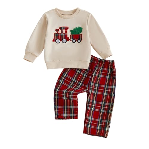 Kavousa Baby Boy Christmas Outfit Little Boy Fall Winter Outfit (Red plaid 6-12 Months)