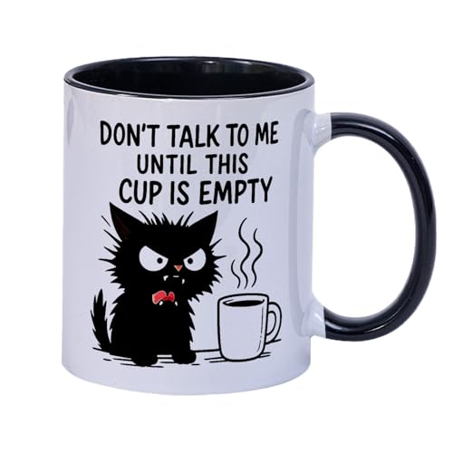 awenyzen Funny Angry Black Cat Coffee Mug – “Don’t Talk to Me Until This Cup Is Empty” – 11oz Ceramic Mug with Black Handle & Interior for Cat Lovers, Office, Morning Humor Gift