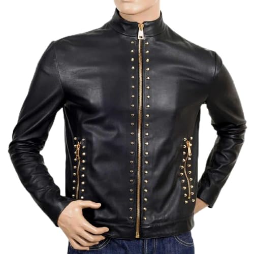 BLS Black Biker Soft Genuine Leather Fashion Studded Party Wear Jacket for Men