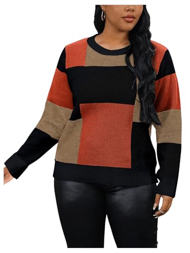 Image of RoseSeek Women's Plus Size Colorblock Crewneck Sweater Long Sleeve Drop Shoulder Pullover Knitwear Multicolor X-Large Plus