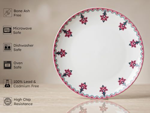 Image of Bodhi House Premium Porcelain Dinner Plates Set of 4 | Pink Blossom Design | Durable, Microwave & Dishwasher Safe | Dinnerware Plates for Everyday Use & Set for Home, Dining, Kitchen & Gifting