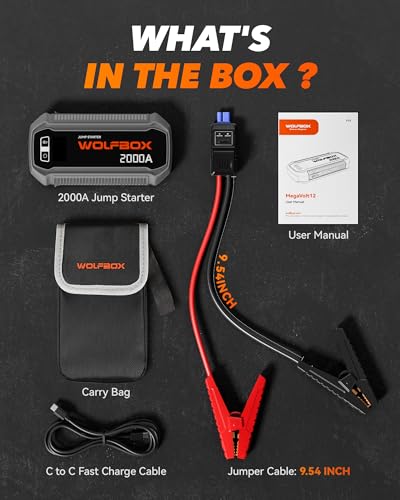 Image of WOLFBOX 2000A Jump Starter, 44.4Wh Battery Jumper Starter Portable with LED Display, 12V Car Battery Jump Starter Pack (7L Gas 6L Diesel Engine) with Booster, LED Light, Jumper Cables (NO Adapter)