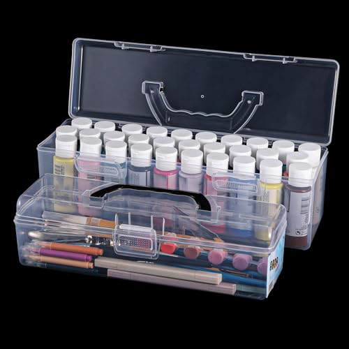 Image of 2 Pcs Acrylic Paint Organizer Boxes with Handle, Paint Storage Box, Portable Clear Empty Craft Storage, 30 Bottles Capacity Acrylic Paints Organizer for 2 fl. oz Bottles