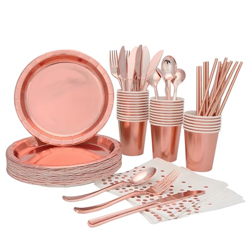 Lista de Cubiertos desechables elegantes para comprar hoy. 49 Juego de Vajilla para Fiesta de 200 Piezas-Kit para 25 Invitados con Platos, Vasos, Servilletas y Cubiertos Reutilizables Dorados. Diseño Elegante Oro Rosa para Bodas,Cumpleaños...