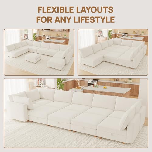 Image of 128 inch Modular Sectional Sleeper Sofa Bed with Storage & Washable Covers, 10-Seater Chenille Modular Sofa Bed with Movable Ottoman Chaise, Convertible Sleeper Sectional Couches for Living Room, Beige
