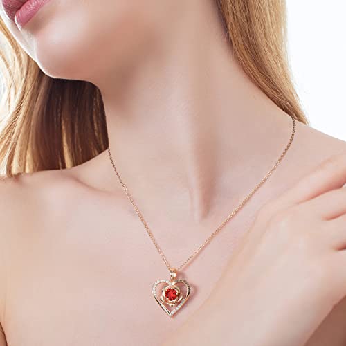 Dfunh Rose Necklace For Women 925 Sterling Silver Rose Gold Flower Heart Pendant Necklaces For Girlfriend Mom Anniversary Birthday Christmas Valentines Day Mother's Day Necklace Gift For Wife Girls Her(Gold-Jan-Garnet) #TOP1