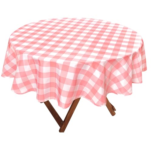 Hiasan Checkered Round Tablecloth 50 Inch Waterproof, Pink and White