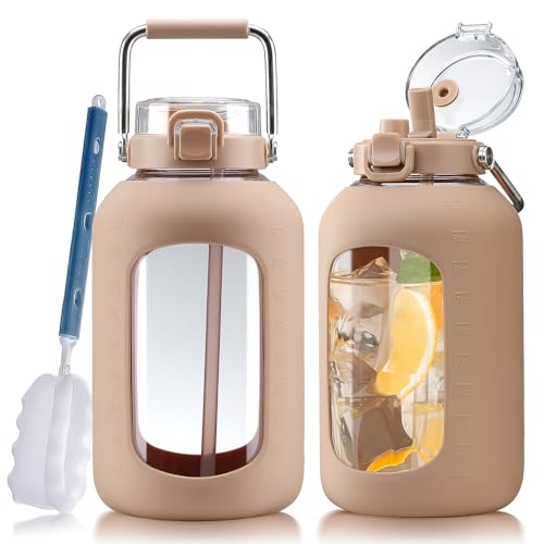 WINSA Large Glass Water Bottles with Stainless Steel Handle,100 oz Gallon Drinking Bottle with 2-in-1 Straw Lid,3 Liter Glass Water Jug with Silicone Sleeve,Wide Mouth,Amber