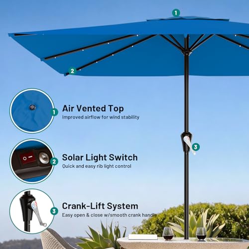 Image of AreShark 8' X 10' Rectangular Patio Umbrella with Solar Lights, Lighted Solar Umbrella with Crank, Outdoor Table Umbrella for Garden, Deck, Backyard, Pool and Beach, Royal Blue