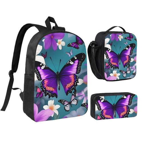 Purple Butterfly and Flowers print Backpack Bookbag for Daily Use,3 Pcs Backpack Set with Lunch Box and Pencil Case