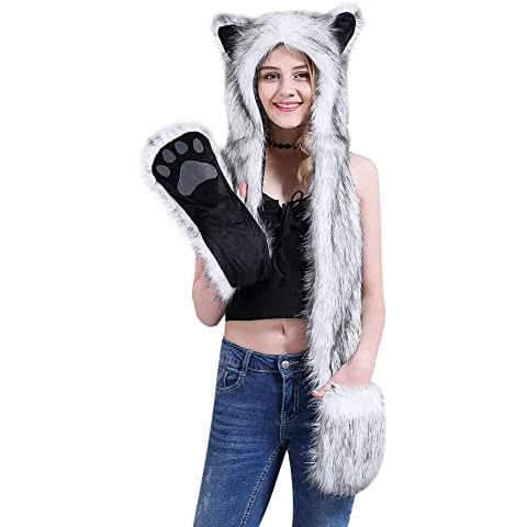 Faux Fur Animal Hat 3 in 1 Novelty Hood Earflap Cap Scarf Mitten Hoodie with Paw Pocket Plush Beanie Party Costume Cover