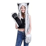 Faux Fur Animal Hat 3 in 1 Novelty Hood Earflap Cap Scarf Mitten Hoodie with Paw Pocket Plush Beanie Party Costume