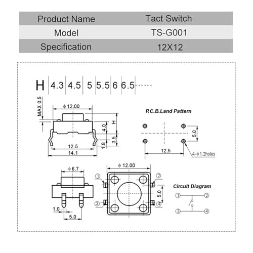 Mini interruptor de botón táctil 12x12x12mm de 4 pines microinterruptor SMD 2
