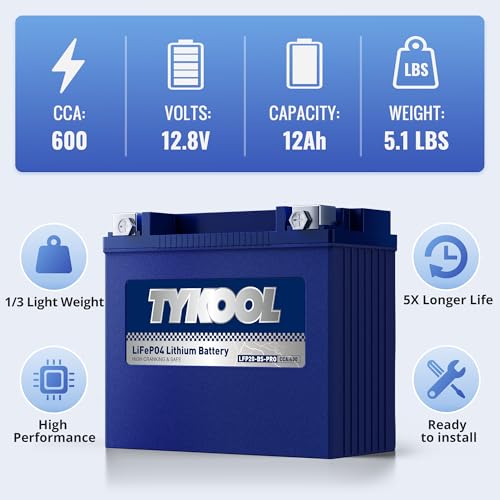 Image of TYKOOL LFP20-BS-PRO Lithium Battery, Replaces YTX20-BS YTX20H-BS GYZ20H, 650CCA 12Ah fits for Indian Chief Scout Arctic Cat Alterra ZR 8000 Yamaha SR Viper Moto Guzzi California, Digital Readout [+ -]