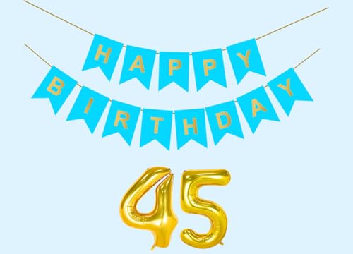 Image of 45th Sky Blue Happy Birthday Decoration Kit for 45 year Old Boys Girls Men Women with Number Forty-five Party Decorations Decor Celebration Items Item Set Combo Reusable Paper Banner