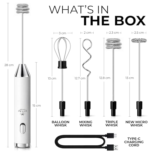 Image of Zulay Kitchen Rechargeable Milk Frother Handheld - Frother Wand, Drink Mixer, Electric Whisk Frother, for Cappuccinos, Matcha & Protein Powder - Ultra Metal 4 Whisk, 1800mAh White