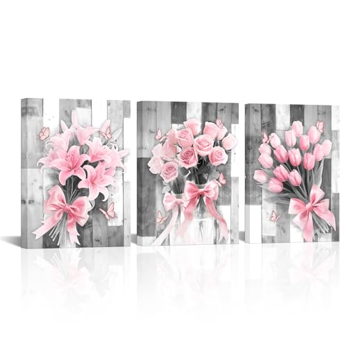 OuElegent Pink Floral Bow Wall Art Flower Butterfly Picture Prints,