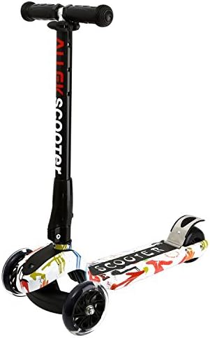 Allek Scooter, 3 Wheel Adjustable Height PU Flashing Wheels Kick Scooter for Kids with Patented Folding System Best Gifts for Children from 3 to 17 Year-Old (Colorful Graffiti)