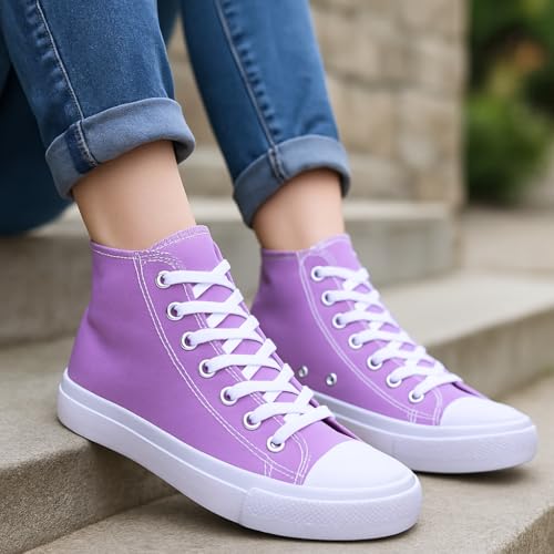 Image of Women's High-Top Canvas Sneakers - Classic Lace-Up Casual Shoes with Extra Shoelaces - Comfortable, Stylish, and Durable