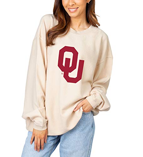 chicka-d NCAA Oklahoma Sooners Womens Corded Crew Sweatshirt, Natural, Small (443_NC_PL)