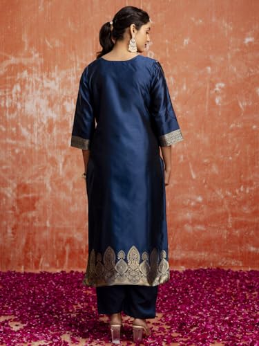 Image of VredeVogel Women's Cotton Silk Blend Zari Work Kurta Pant Set with Jacquard Silk Dupatta | Modern & Traditional Blend Ethnic Wear Set