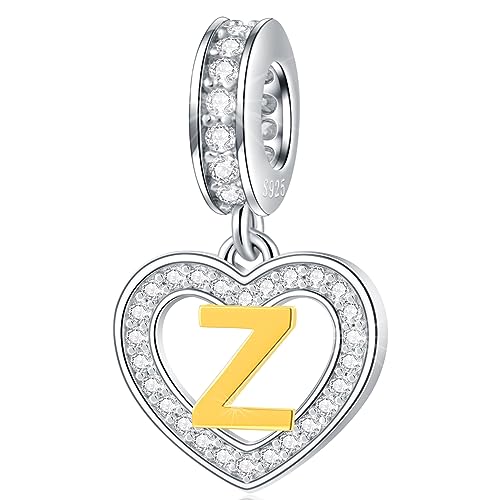 Image of GLOWDAS 18K Gold Plated Letter Charms Initial A to Z Necklace Pendant, 925 Sterling Silver CZ Heart Dangle Alphabet Beads fit European DIY Bracelet, Gifts for Valentiens /Christmas /Family