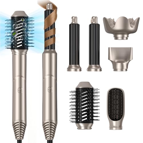UKLISS 6 in 1 Magic Air Styler Hair Dryer Brush with Diffuser Air Curling Wands Volumizing Brush Blow Dryer Nozzle Straightener Comb Curlers Hair Styler Hairdryers for Women Gifts, Gold