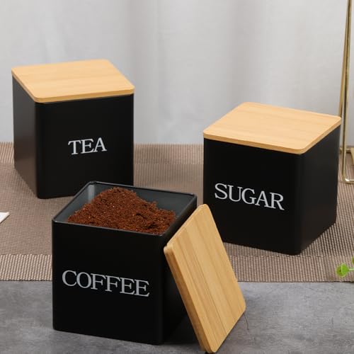 Ghshanog Lot de 3 boîtes à thé, café, sucre - 500 ml - En métal - Avec couvercle hermétique en bambou - Multifonctions - Économie d'espace - Pour la cuisine - Noir