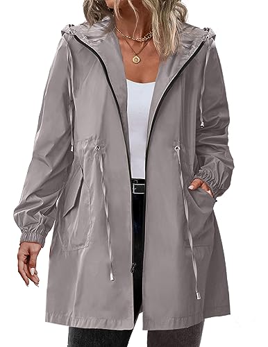 IN'VOLAND Damen Regenjacke Übergröße Langer Regenmantel Leichte Kapuze Windbreaker Wasserdichte Jacken mit Taschen, GRAU, 54 Große Größen