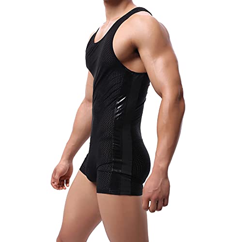 Men's Mesh Tank Top One Piece Striped Waistband Wrestling Singlet Bodysuit Jumpsuit Leotard Mini Boxer Briefs