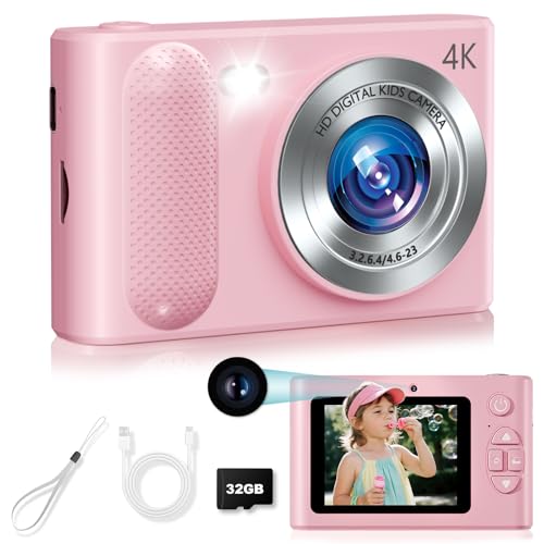 Appareil photo numérique 48 MP pour enfant avec double objectif et carte SD 32 Go rose