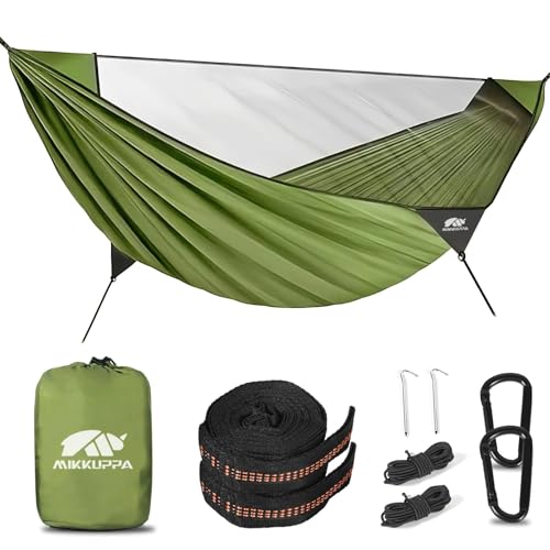MIKKUPPA Hängematte Outdoor mit Moskitonetz 350kg Belastbarkeit Ultraleicht aus Fallschirm-Nylon inklusive Baumgurte Zubehör für Camping Reise Wandern Garten