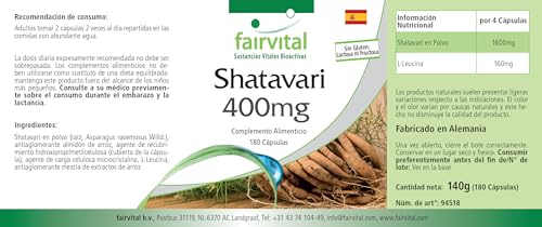 Fairvital | Shatavari 400mg Kapseln - 180 Kapseln - HOCHDOSIERT - 400mg pro Kapsel - VEGAN - Asparagus racemosus - Indischer Spargel