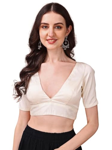 Image of Womanista Women's Dupion Silk Half Sleeve Solid V Neck Readymade Saree Blouse Stylish