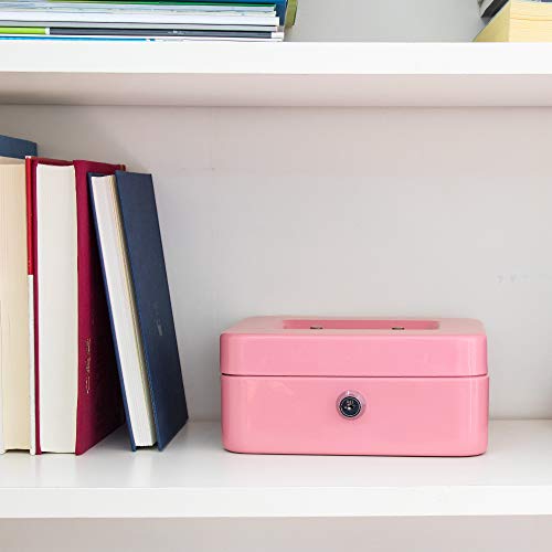 Kyodoled Medium Cash Box With Money Tray,Small Safe Lock Box With Key, Drawer,7.87"X 6.30"X 3.54" Pink #TOP6