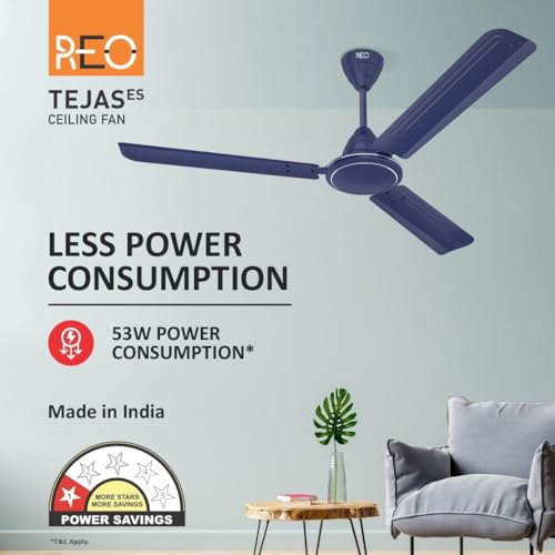 Image of REO Tejas 1200mm ES Ceiling Fan | High Speed, High Air Delivery | Strong & Powerful Copper motor, Air Delivery: 218 m /min, RPM: 370, 2 Year Warranty | (Pack of 1, Matt Blue)