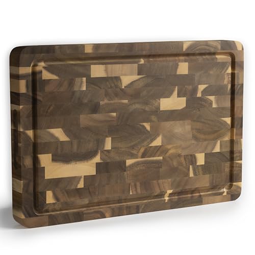 NAMTURE Hackblock Classic Extra Dick 4 cm Akazienholz Stirnholz Schneidebrett 45 x 30 cm Premium Ölbehandlung Saftrille Griffmulden Antirutsch-Füße in edler Geschenkbox