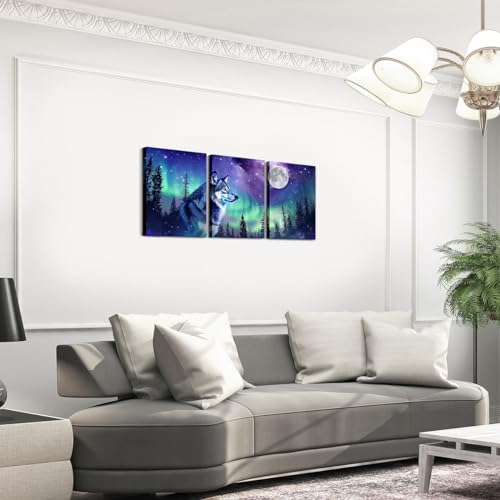 Galaxy Wolf Canvas Art Prints,Starry Sky Framed Wall Art Aesthetic Woodland Animals Wall Art for Living Room,Blue Purple Green Polar Lights Canvas Artwork Paintings 3 Piece Pictures Wall Decor - Image 4