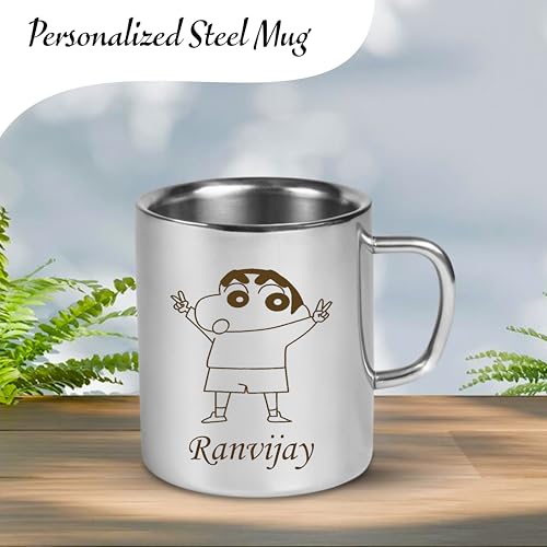 Image of SAVRI Personalized Stainless Steel Mug for Kids with Customized Name Engraved & Cartoon Design | 220 ml Double Wall Insulated Mug for School, Milk, Juice & Water (Shinchan)