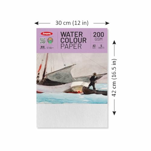Image of Anupam Professional Watercolour Paper | A3 (42X30CM) 200 GSM Cold Pressed Paper |Acid-Free 5 Sheet| Ideal for Artist, Professional Drawing, Painting Dry & Wet, Fine Art, School, Students