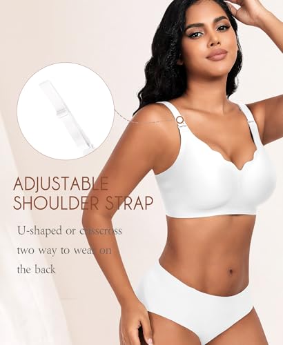 DOCUMO Wireless Bras for Women No Underwire Push Up Bra V Neck Full Coverage with Lift and Support Seamless Bralettes Comfortable Plus Size Bra(White,3X-Large) — view 4