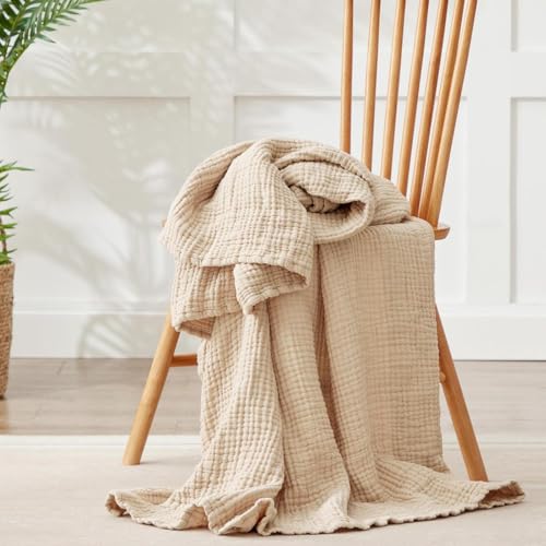 Cooling Throw Blanket Twin XL 66" x 90", 6 Layers Muslin Blankets 100% Cotton, Breathable and Lightweight Twin Blanket for Bed, Soft Bedspread, Gauze Bedding for All Season, Beige Linen